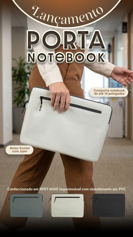 Porta notebook personalizado branco para brindes corporativos.