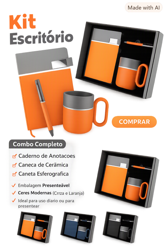 Kit escritório com caderno, caneta e caneca em caixa presenteável.